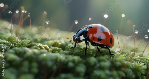 Obraz A red ladybug, a small beetle with black spots, rests on a green blade of grass in a summer garden