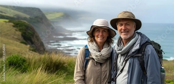 Fototapeta A middle-aged couple, smiling and wearing hats or scarves on their faces, stood by the coastal
