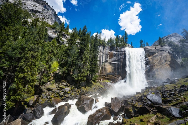 Fototapeta Yosemite National Park Vernal Falls, Nevada Falls, Emerald Pool, Mist Trail, and Charles Point in the Spring of 2025 with the stream and falls raging from snow melt