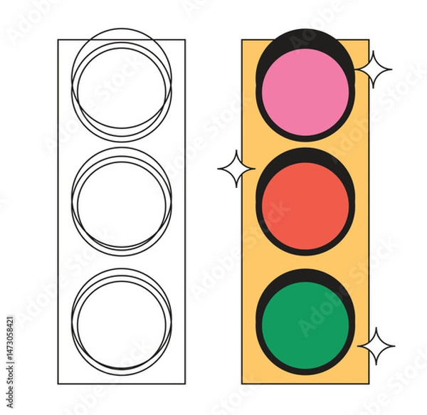 Fototapeta Illustration traffic lamp retro unique design isolated on white background