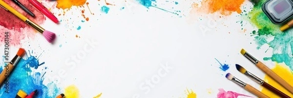 Fototapeta Creative preschool background featuring vibrant watercolor splashes and drawing tools for artistic expression and fun