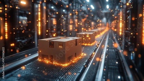 Fototapeta Automated package transport system in a futuristic warehouse