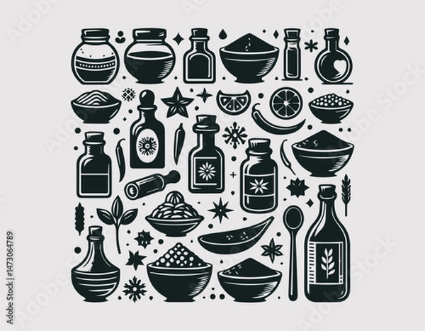 Obraz Assorted Spice Bottles and Bowls Vector Logo Design, Various Spice Jars and Bowls Vector Logo