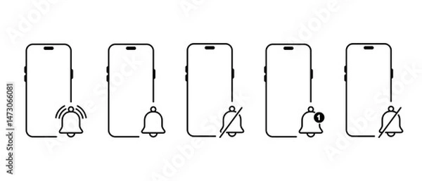 Fototapeta Notification bell with smartphone icon set collection. Alarm, reminder phone sign symbol