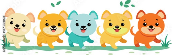 Fototapeta Five adorable and playful cartoon puppies in different pastel colors are happily prancing across a grassy area with scattered leaves.