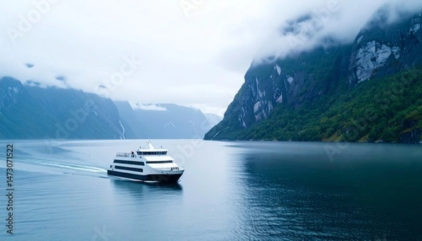 Fototapeta Ship sails on still water with mountains, trees, and clouds in background