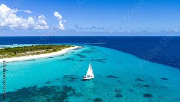 Fototapeta Sailing near an island with turquoise waters and blue skies