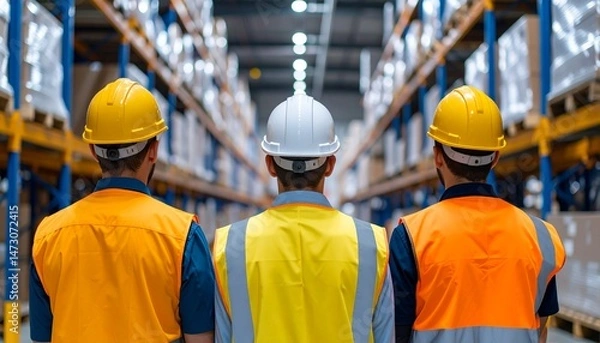 Fototapeta Warehouse workers in safety vests and helmets stand amidst tall shelves
