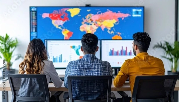 Fototapeta Three colleagues view a world map and data charts, sitting side-by-side in office