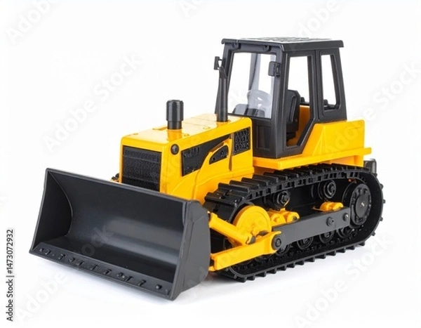Fototapeta Yellow bulldozer with black tracks and a large blade against a bright white backdrop