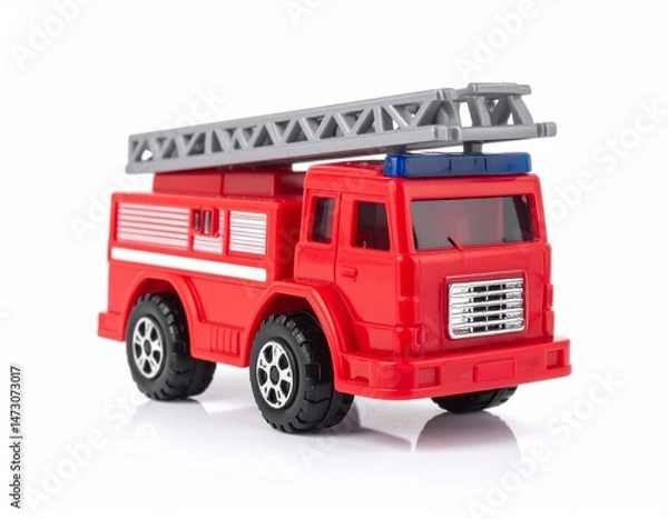 Fototapeta A red fire truck toy with a gray ladder sits against a clean white background