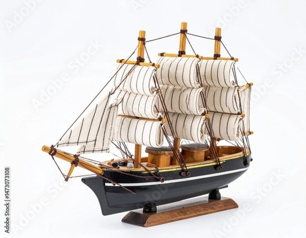 Fototapeta Ornate, small, model sailing ship with patterned sails and details on white background
