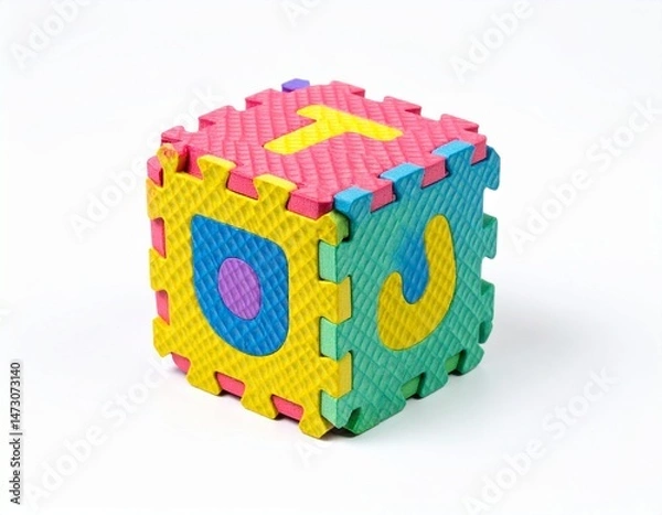 Fototapeta Colorful, interlocking foam cube with large letters against a plain, bright background