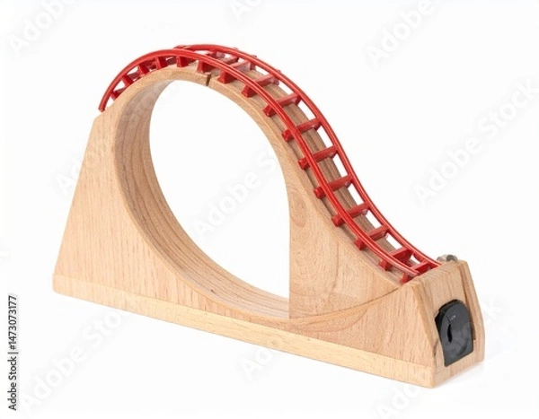 Fototapeta Wooden roller coaster toy with a red track. Loop-de-loop design on a white background