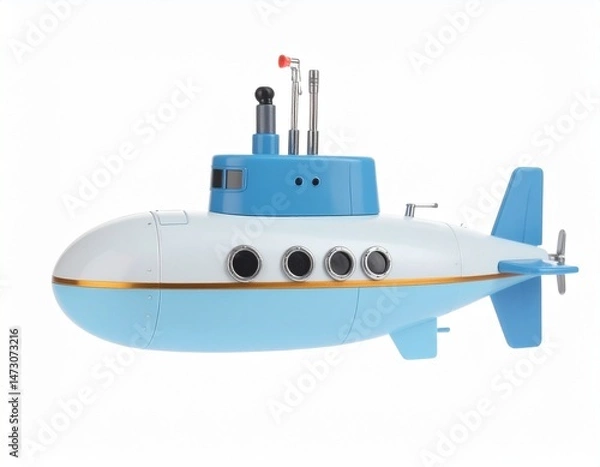 Fototapeta Cartoon submarine with periscope and propeller; blue and white design on a white background