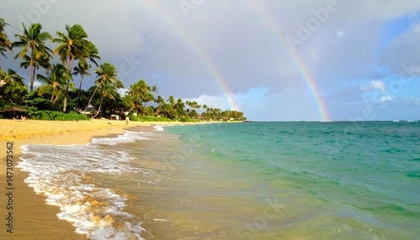 Fototapeta Tropical beachscape with palm trees, sandy shore, and a vibrant double rainbow over the ocean
