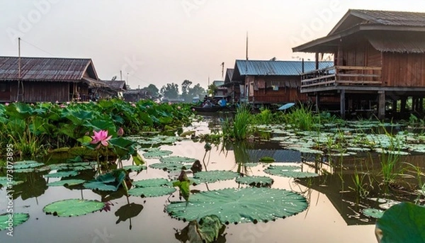 Fototapeta Calm river scene featuring stilt houses surrounded by lily pads and blossoming lotus flowers