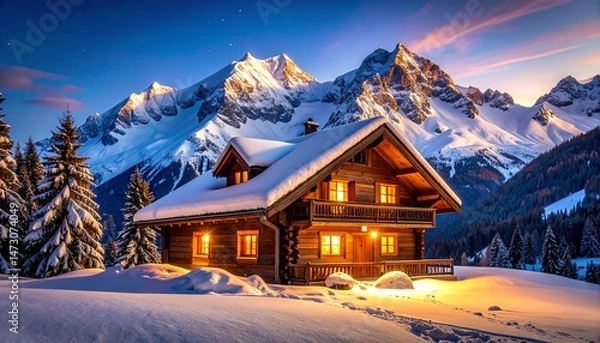 Fototapeta Cozy cabin nestled in snowy mountains, bathed in warm light at twilight