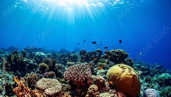 Fototapeta Vibrant coral reef teeming with fish under the sunlit, blue ocean depths