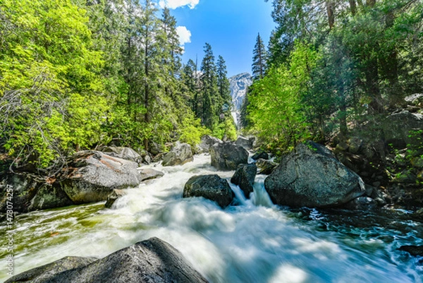 Fototapeta Yosemite National Park Vernal Falls, Nevada Falls, Emerald Pool, Mist Trail, and Charles Point in the Spring of 2025 with the stream and falls raging from snow melt
