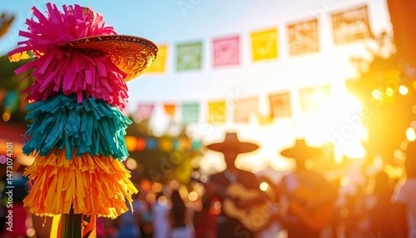 Fototapeta Vibrant fiesta Colorful decor, bunting, guitar players, and crowd under bright sunlight create festive atmosphere