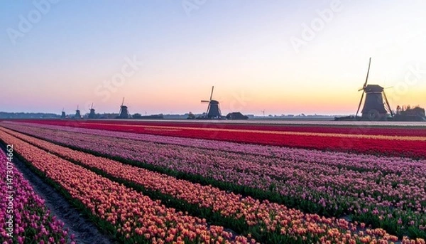 Fototapeta Flowery fields lead to windmills under a soft sunrise