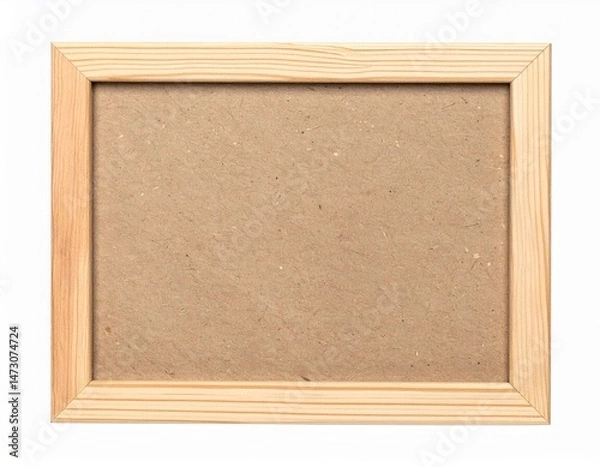 Fototapeta Light wood frame holding blank, textured brown paper, horizontally oriented, isolated on white