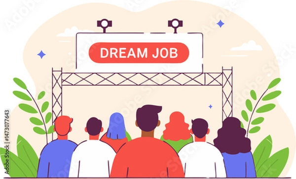 Fototapeta A crowd of people faces a large screen displaying "DREAM JOB," suggesting a job fair, career seminar, or the pursuit of ideal employment.