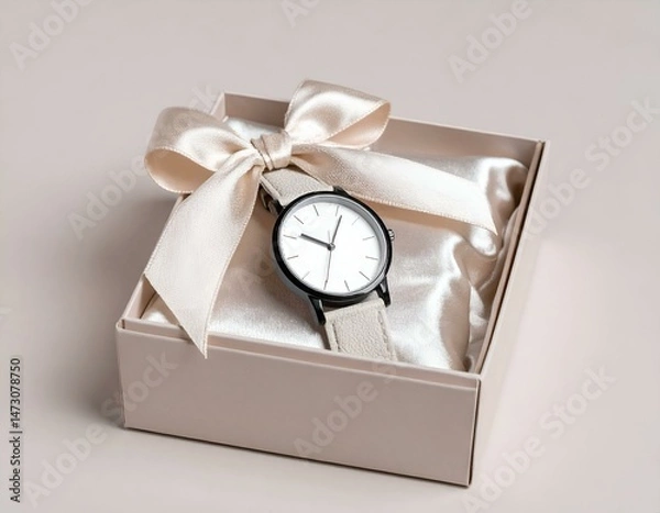 Fototapeta Elegant wristwatch in a beige gift box with a satin ribbon. Perfect for gifting occasions.