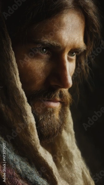 Fototapeta Portrait of Christ made in cross stitch, colored threads on a fabric