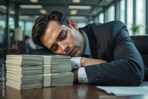 Obraz Businessman sleeping with stack of 100 US dollar bills on a desk