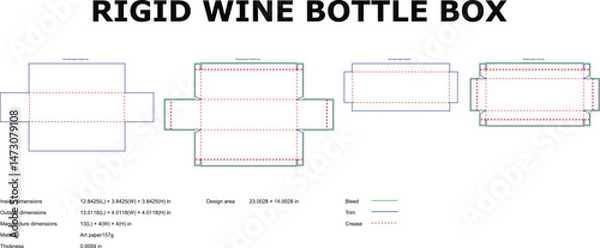 Fototapeta Detailed vector illustration featuring the blueprint of a rigid wine bottle box showcasing dimensions and design elements.