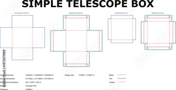 Fototapeta Simple telescope box template showing dimensions and construction for packaging design and manufacturing purpose