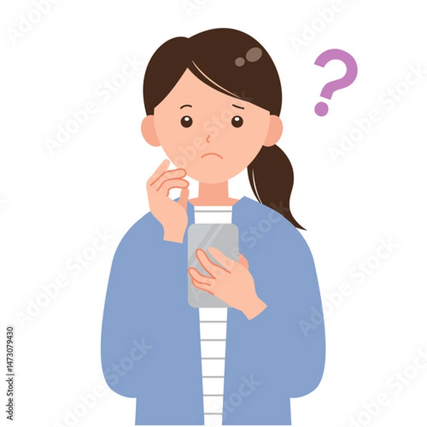 Obraz スマホを手に持ち悩む女性のイラスト