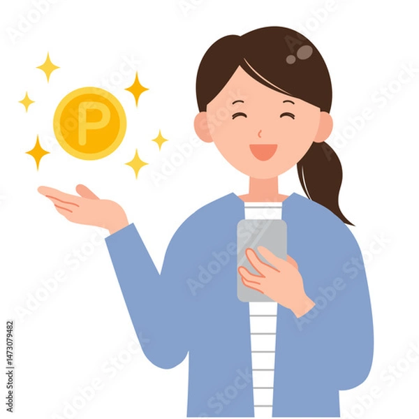 Obraz スマホでポイ活をする笑顔の女性イラスト