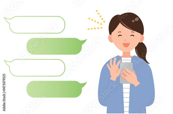 Obraz スマホでメッセージを送る笑顔の女性イラスト