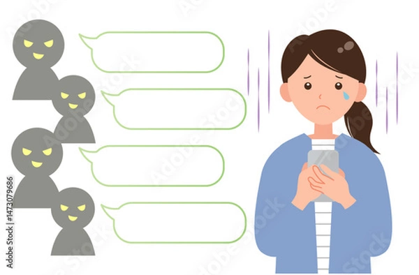 Obraz 誹謗中傷のメッセージに傷つく女性のイラスト