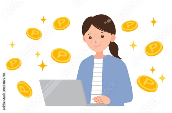 Obraz ポイ活でポイントがたくさん貯まった女性のイラスト