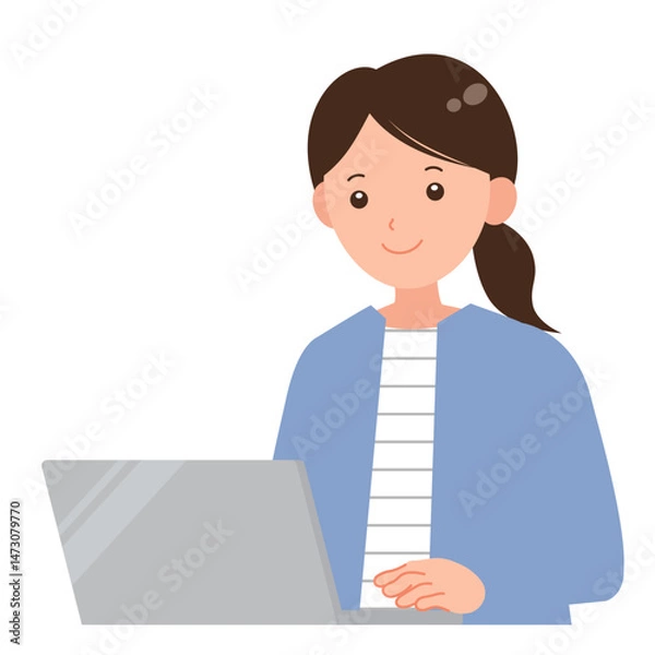 Obraz ノートPCで作業をする女性のイラスト