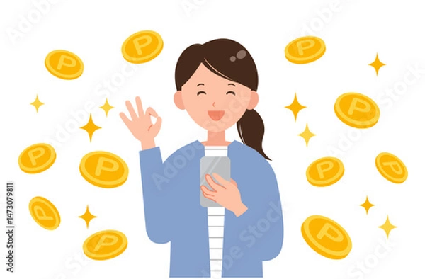 Obraz スマホでポイ活をする笑顔の女性イラスト
