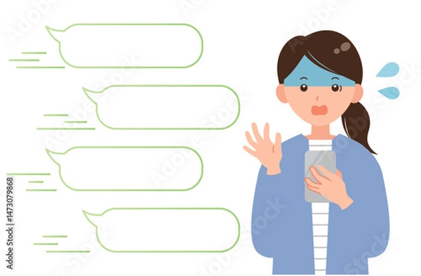 Obraz スマホでの会話スピードに慌てる女性のイラスト