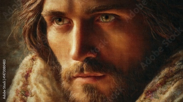 Fototapeta Portrait of Christ made in cross stitch, colored threads on a fabric