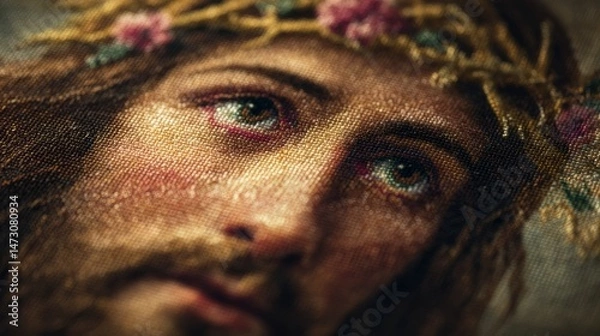 Fototapeta Portrait of Christ made in cross stitch, colored threads on a fabric