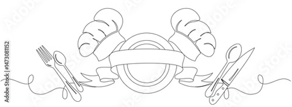 Fototapeta chef hat and cutlery in one continuous line vector for logo banner and others