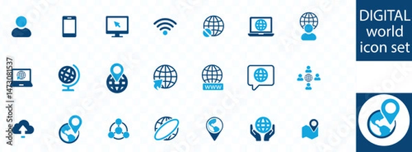 Fototapeta Global communication icon set. Communicate worldwide with people concept. International network with talking person symbol. Vector illustration