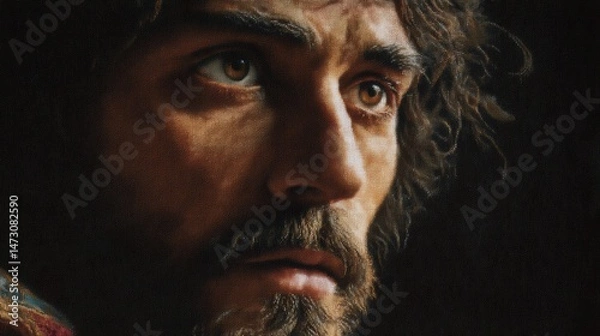 Fototapeta Portrait of Christ made in cross stitch, colored threads on a fabric