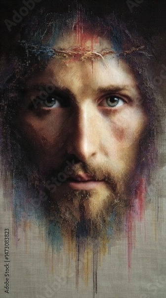 Fototapeta Portrait of Christ made in cross stitch, colored threads on a fabric