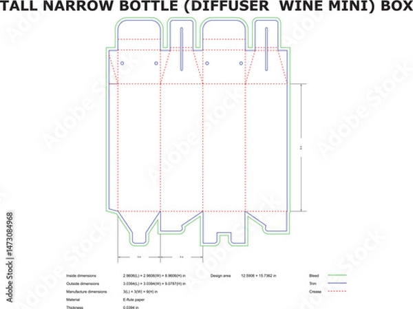 Fototapeta Detailed vector blueprint of a tall narrow bottle box packaging design with dimensions ideal for product mockups and templates