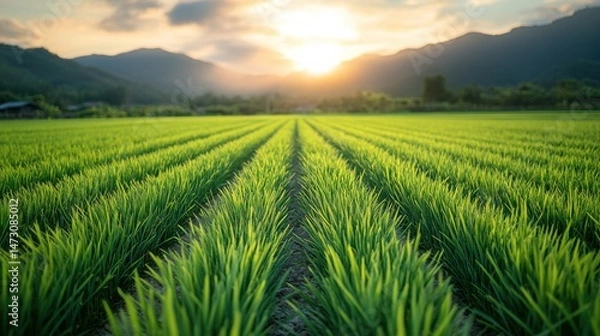 Fototapeta Green Rice Field Rows with Mountains and Sunset