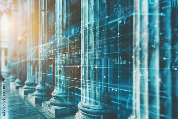 Obraz Ancient pillars meet financial graphs, stability in flux. Secure vault imagery, banking's modern organized composition signature.